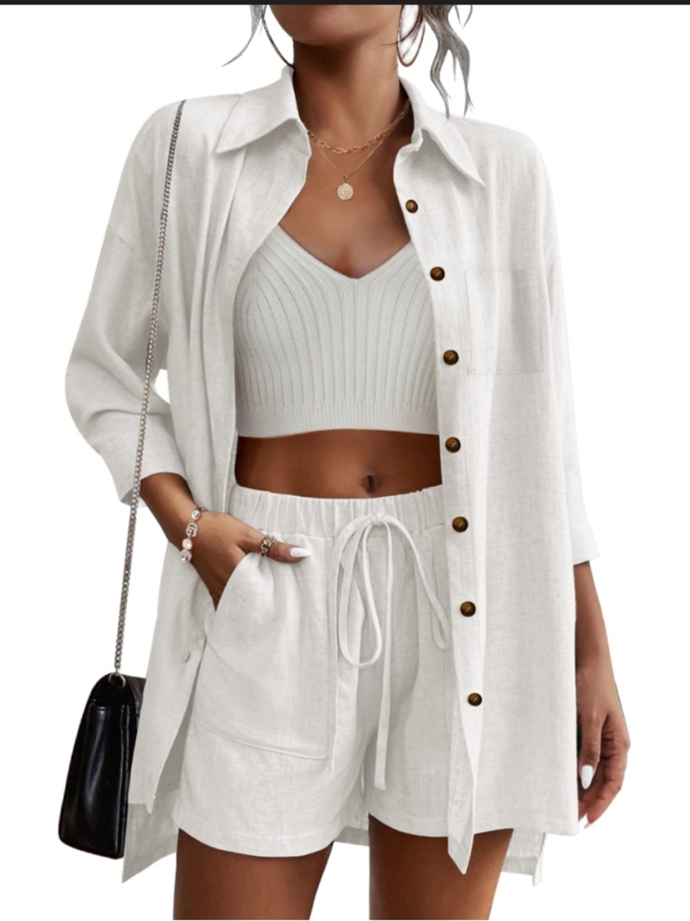 NWT 100% cotton button up shorts set resort wear small off white cream